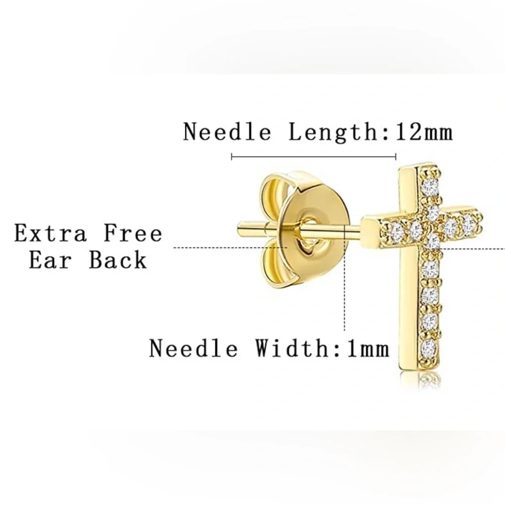 14K Gold Plated CZ Inlay Christian Cross Small Stud Earrings Baby Girl Women New - Picture 7 of 14